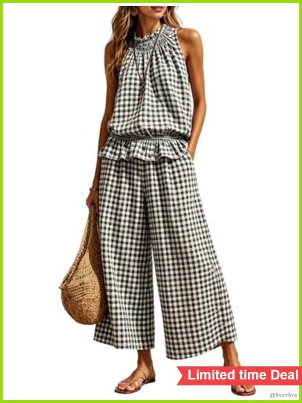 2 Piece Gingham Sleeveless Ruffle Top Wide Leg Pants Set Summer Vacation